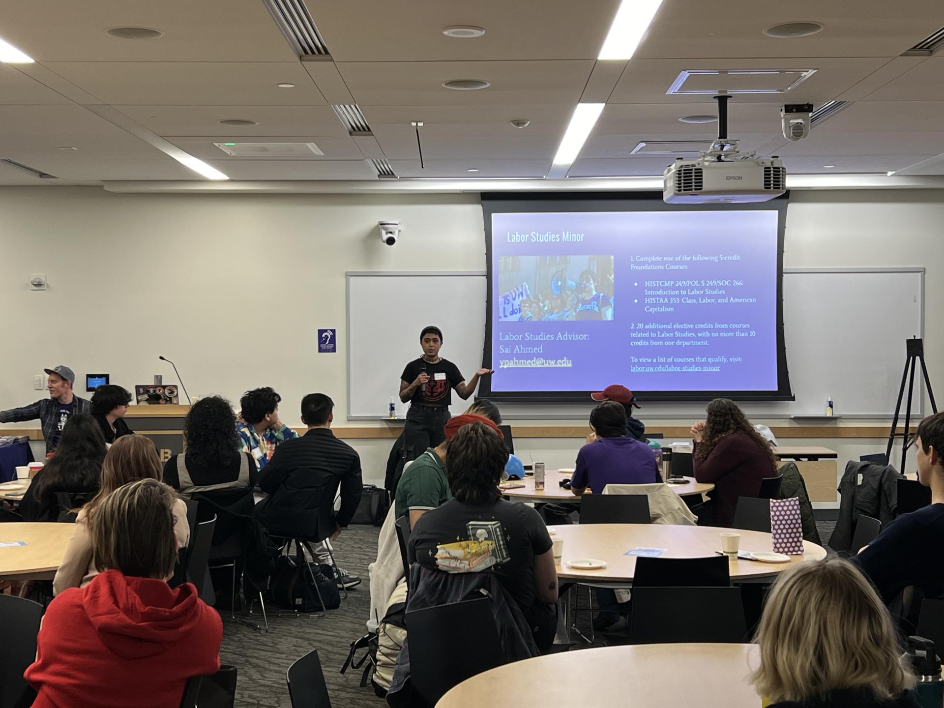 Sai Ahmed speaking about the labor minor at the labor social