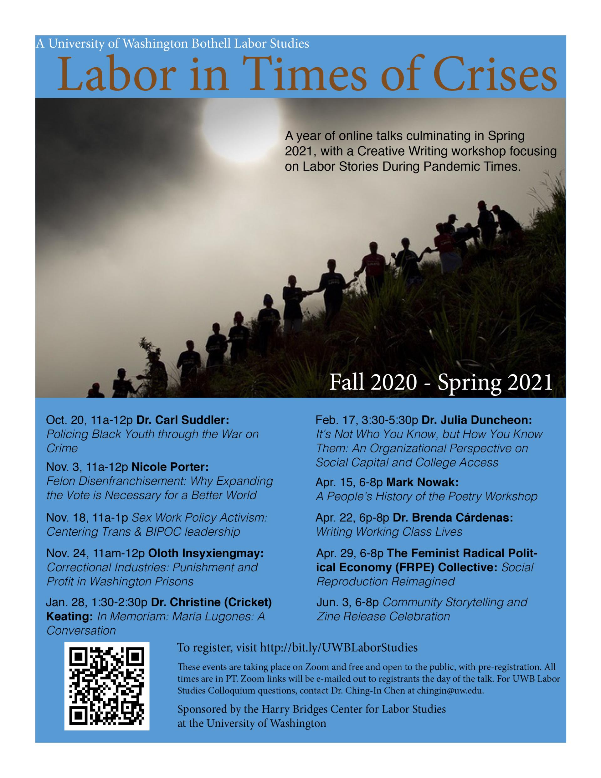 Poster for Labor in Times of Crisis with speakers, dates, and times (also found below)