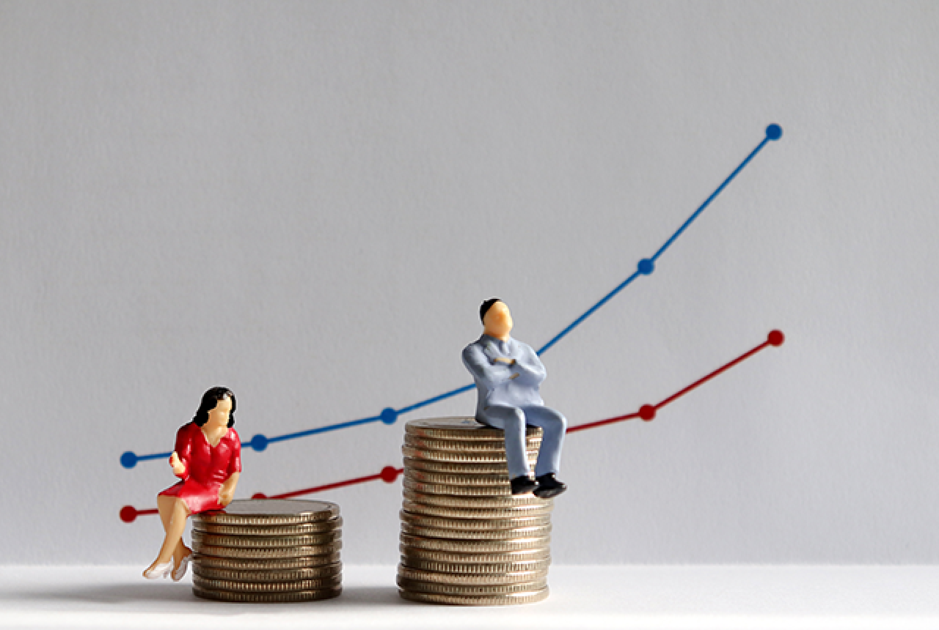 image of miniature figures sitting on coins to depict gender wage gap